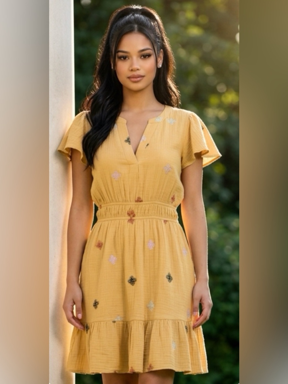 Embroidered Mustard Yellow Flutter-Sleeve Tunic Dress